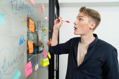 Modern toplantı odasındaki cam tahtaya zihin haritası ve yapışkan notlar kullanarak profesyonel beyaz erkek lider yazma ve pazarlama fikrini paylaşıyor. Yaratıcı iş ve planlama konsepti. Tertemiz..