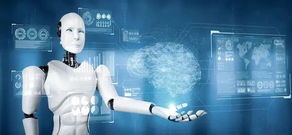 Xai Απεικόνιση Ανθρωποειδές Ρομπότ Που Κατέχουν Εικονική Οθόνη Ολόγραμμα Δείχνει — Φωτογραφία Αρχείου