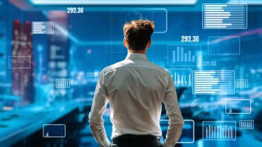 Finansal danışman veya tüccar BI ticari istihbarat veri tablosu ve grafik gösterge paneli ile çalışarak pazarlama stratejisi araştırması için karar veriyor..