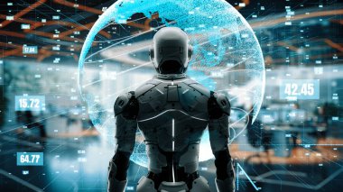 Yapay zeka mühendisliği iş başında. Yapay zeka algoritması pazarlama otomasyonu, teknik analiz, çözüm iletişimi ve hızlı yanıt için. LISP kodlu program ve 3d resimleme öğrenen makine