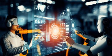 XAI Mekanize Endüstri Robotu ve insan işçileri gelecekteki fabrikada birlikte çalışıyorlar. Sanayi devrimi ve otomasyon üretim süreci için yapay zeka kavramı.