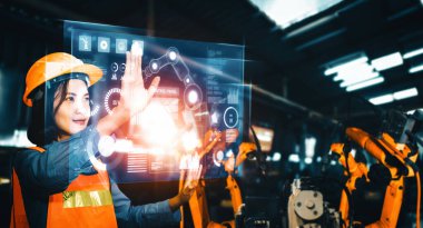 Dijital sanayi ve fabrika robotu teknolojisi için XAI Gelişmiş Robot Kol Sistemi. İnternet ağına bağlı IOT yazılımı kullanarak endüstri mühendisliği tarafından kontrol edilen otomasyon üretim robotu.