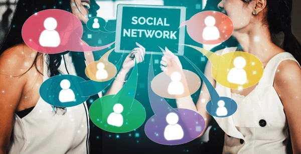 Social media and young people network concept. Modern graphic interface showing online social connection network and media channels to engage customer interaction in the digital business. uds