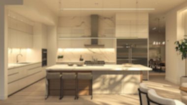 Geniş, modern bir mutfak iç mekanı, arka plan kullanımı ya da tasarım modelleri için ideal, kasıtlı olarak bulanık bir görüntü. Saygıdeğer.