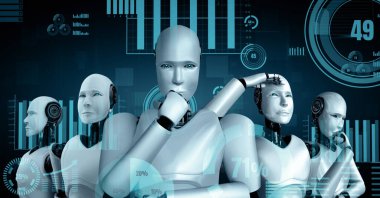 XAI 3D illüstrasyon Gelecek Finansal Teknoloji Kontrolü Yapay Robot Huminoid makine öğrenimi ve yapay zeka kullanarak iş verilerini analiz ediyor ve yatırım ve ticaret hakkında tavsiyelerde bulunuyor