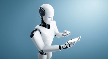 XAI 3D illüstrasyon robotu insansı cep telefonu ya da tablet kullanırken yapay zeka ve makine öğrenme sürecini kullanacak. 4. Sanayi Devrimi 3 boyutlu