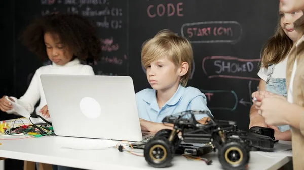 Closeup Boy Using Laptop Programing Engineering Code Writing Program While — Stock Photo, Image