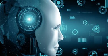 XAI 3d illüstrasyon Futuristik robot yapay zeka insansı yapay zeka endüstriyel fabrika teknolojisi geliştirme ve makine öğrenme konsepti için. İnsanoğlunun geleceği için robotik biyonik bilim araştırması