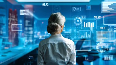 Finansal danışman veya tüccar BI ticari istihbarat veri tablosu ve grafik gösterge paneli ile çalışarak pazarlama stratejisi araştırması için karar veriyor..