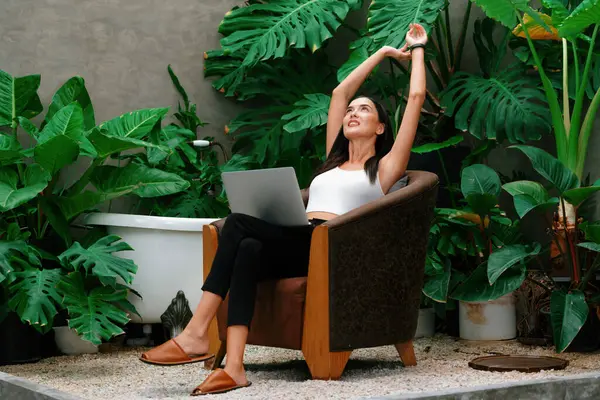 Modern Young Woman Working Remotely Relaxing Solitude Minimalist Architectural Concrete — Stock Photo, Image