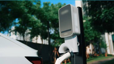 Yazın yeşil sürdürülebilir şehir bahçesinde elektrikli araba şarj oluyor. Kentsel sürdürülebilirlik yaşam tarzı yeşil temiz yeniden şarj edilebilir enerji elektrikli BEV araç iç organları