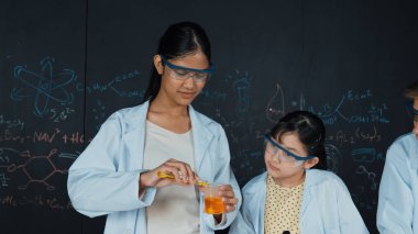 Zeki kız deney yapmak için heyecanlanan çeşitli öğrenciler iken beher kabına renkli solüsyon döker. Profesyonel bilim adamı kimyasal teoriyle kara tahtada deney yapmaya hazırlanıyor. Öğretim.