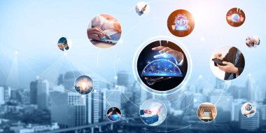 İletişim teknolojisi, akıllı bağlantı IOT ve insan ağ teknolojisi kavramı. Güvenli internet ağına ve bulut hesaplama sunucularına bağlanmak için bağlantı aygıtı kullanan insanlar