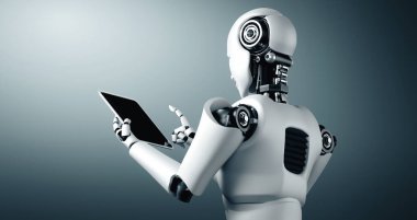 XAI 3D illüstrasyon robot robotu geleceğin ofisinde tablet bilgisayar kullanarak yapay zeka, yapay zeka ve makine öğrenme sürecini kullanarak. 4. Sanayi Devrimi 3 boyutlu