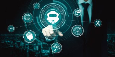 Al Chatbot akıllı dijital müşteri hizmetleri uygulaması konsepti. Bilgisayar ya da mobil aygıt uygulaması kullanılıyor. Yapay zeka sohbet botu otomatik olarak çevrimiçi iletiye cevap veriyor.