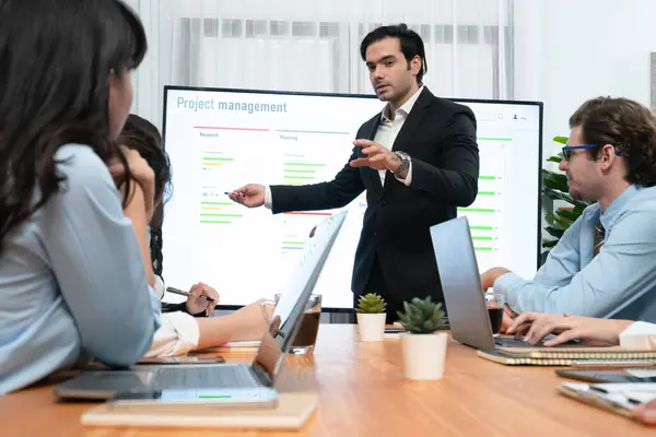 Project manager planning schedules for business task at meeting room, Gantt chart software show on TV screen. Multi ethnic diversity business people and modern business project management. Habiliment
