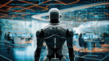 Yapay zeka mühendisliği iş başında. Yapay zeka algoritması pazarlama otomasyonu, teknik analiz, çözüm iletişimi ve hızlı yanıt için. LISP kodlu program ve 3d resimleme öğrenen makine