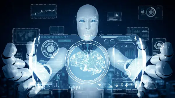Xai Иллюстрация Гуманоидный Робот Держащий Виртуальный Голографический Экран Показывающий Концепцию — стоковое фото