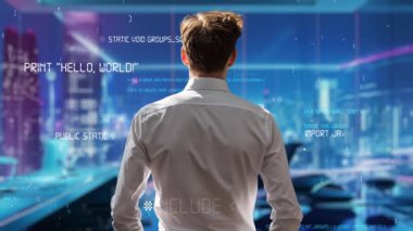 Genç Erkek Programcı Yapay Zeka güdümlü Pazarlama Çözümleri için LISP Açık Robot Hologramı ile Yazılım Analizi Yapılandırılıyor.