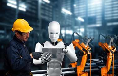 XAI Mekanize Endüstri Robotu ve insan işçileri gelecekteki fabrikada birlikte çalışıyorlar. Sanayi devrimi ve otomasyon üretim süreci için yapay zeka kavramı.