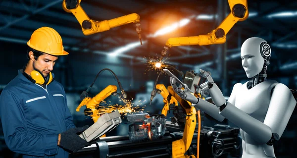 Xai Механізований Промисловий Робот Людський Працівник Працюють Разом Майбутній Фабриці — стокове фото