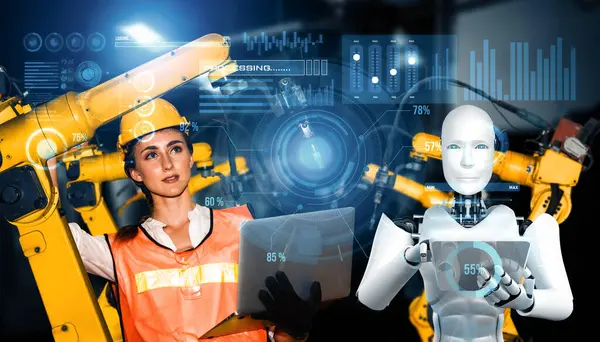 Xai Mechanized Industry Robot Menselijke Werknemer Werken Samen Toekomstige Fabriek — Stockfoto