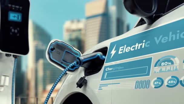 Elektromos Autó Csatlakoztassa Töltőállomással Feltölteni Akkumulátort Töltő Intelligens Digitális Akkumulátor — Stock videók