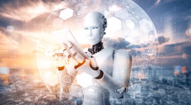 XAI 3D illüstrasyon robotu insansı cep telefonu veya tablet kullanarak küresel ağ bağlantısı için yapay zeka, yapay zeka ve 4. Sanayi devrimi için makine öğrenme sürecini kullanıyor.