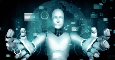 XAI 3D illüstrasyon Gelecek Finansal Teknoloji Kontrolü Yapay Robot Huminoid makine öğrenimi ve yapay zeka kullanarak iş verilerini analiz ediyor ve yatırım ve ticaret hakkında tavsiyelerde bulunuyor