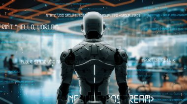 Yapay zeka mühendisliği iş başında. Yapay zeka algoritması pazarlama otomasyonu, teknik analiz, çözüm iletişimi ve hızlı yanıt için. LISP kodlu program ve 3d resimleme öğrenen makine