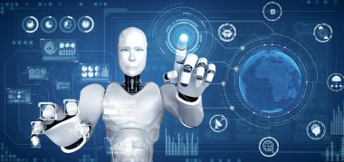 XAI 3d illüstrasyon yapay zeka kullanarak makine öğrenme sürecini kullanarak büyük veri analizi kavramını gösteren sanal sanal sanal ekrana dokunan yapay yapay yapay insansı robot. 3B illüstrasyon.