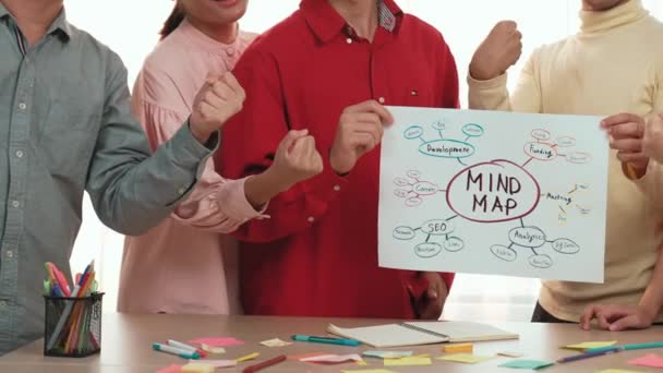 Zpomalení Úspěšné Šťastný Vzrušený Mladí Podnikatelé Představuje Nový Marketingový Strategický — Stock video