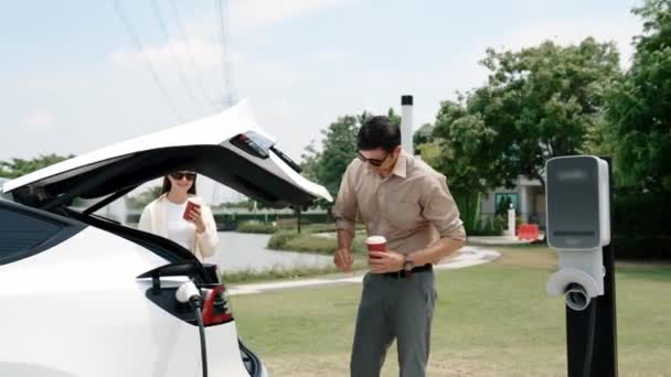 两对年轻夫妇在与电网塔电力工业设施相连的充电站为电动汽车充电 为生态友好型汽车的使用提供了动力 — 图库视频影像