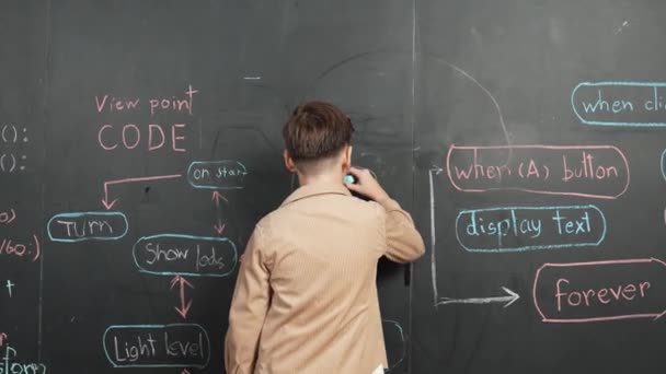 Achteraanzicht Van Slimme Jongen Schrijven Engineering Prompt Schoolbord Aantrekkelijk Gelukkig — Stockvideo