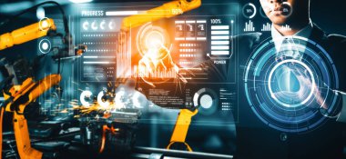 Dijital sanayi ve fabrika robotu teknolojisi için XAI Gelişmiş Robot Kol Sistemi. İnternet ağına bağlı IOT yazılımı kullanarak endüstri mühendisliği tarafından kontrol edilen otomasyon üretim robotu.