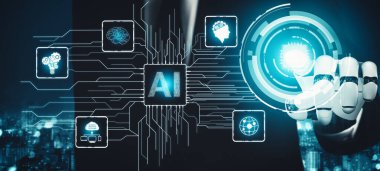 XAI 3D yorumlama fütürist robot teknolojisi geliştirme, yapay zeka yapay zekası ve makine öğrenme konsepti. İnsan hayatının geleceği için küresel robot biyonik bilim araştırması.