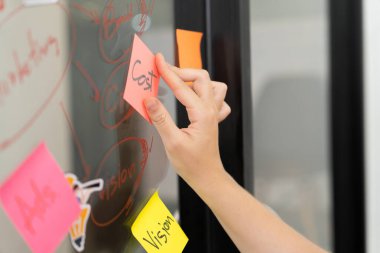 Profesyonel iş kadınının elini kapat ve iş planını sunarken renkli yapışkan notları beyaz tahtaya yapıştır. Yaratıcı iş toplantısı ve beyin fırtınası konsepti. Tertemiz..