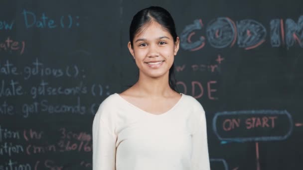Caucasian Woman Looking Camera While Standing Blackboard Cute Happy Student — Stock Video