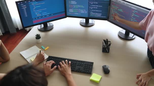 Slow Motion Back End Software Developer Engineer Computer Programming Working — стоковое видео