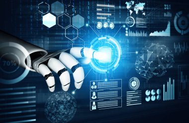 XAI 3D Renching futuristik robot teknolojisi geliştirme, yapay zeka yapay zeka ve makine öğrenme konsepti. İnsan hayatının geleceği için küresel robot biyonik bilim araştırması.