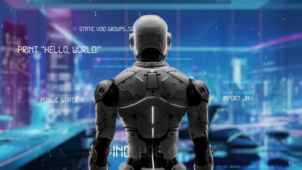 Ai工程正在进行中用于营销自动化 技术分析 解决方案通信和即时响应的人工智能算法 代码Lisp程序和机器学习3D示例 — 图库视频影像