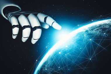 XAI 3D yorumlama fütürist robot teknolojisi geliştirme, yapay zeka yapay zekası ve makine öğrenme konsepti. İnsan hayatının geleceği için küresel robot biyonik bilim araştırması.