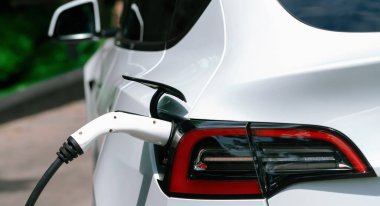 Yazın yeşil sürdürülebilir şehir bahçesinde elektrikli araba şarj oluyor. Kentsel sürdürülebilirlik yaşam tarzı yeşil temiz yeniden şarj edilebilir enerji elektrikli BEV araç iç organları