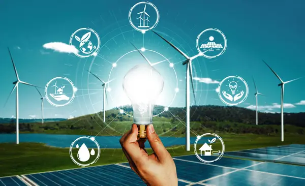 Инновационная Лампочка Зеленой Энергетики Графическим Интерфейсом Будущего Индустрии Производства Электроэнергии — стоковое фото