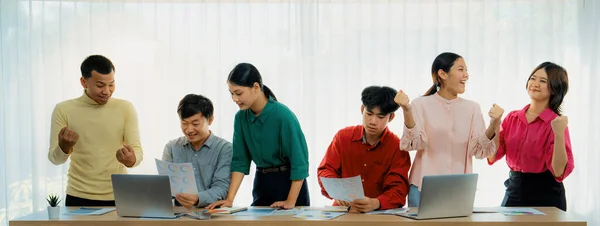 Happy Young Creative Business Team Celebrate Success Together Meeting Table — Stock Photo, Image