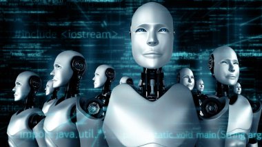 XAI 3d illüstrasyon Futuristik robot yapay zeka insansı yapay zeka programlama kodlama teknolojisi geliştirme ve makine öğrenme kavramı. İnsanlığın geleceği için robot biyonik bilim araştırması