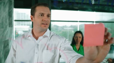 Yetenekli işadamı, cam duvara renkli yapışkan notlar yapıştırarak proje yöneticisine pazarlama fikrini sundu. Proje yöneticisi yatırımcıya projeyi gösteriyor, anlatıyor, gösteriyor. Yönlendirici.