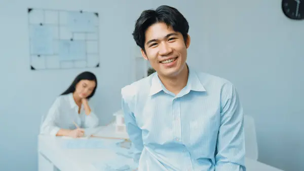 Professional Happy Businessman Smiles Looking Camera Young Beautiful Caucasian Colleague — Stock Photo, Image