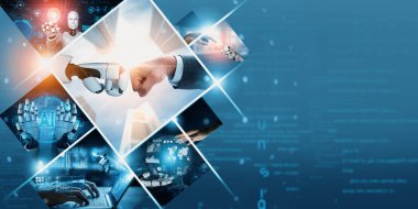Yapay zeka sanal robot asistanıyla insan etkileşimi. Yapay zeka kavramı yapay zeka mühendisliği, LLM yapay zekanın üretkenliği arttırmak için üretken yapay zeka kullanmayı öğrenmesi. NLP