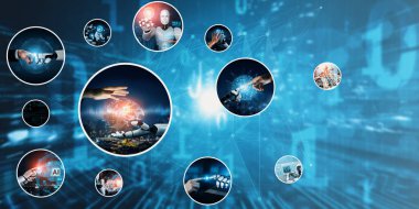 Yapay zeka sanal robot asistanıyla insan etkileşimi. Yapay zeka kavramı yapay zeka mühendisliği, LLM yapay zekanın üretkenliği arttırmak için üretken yapay zeka kullanmayı öğrenmesi. NLP